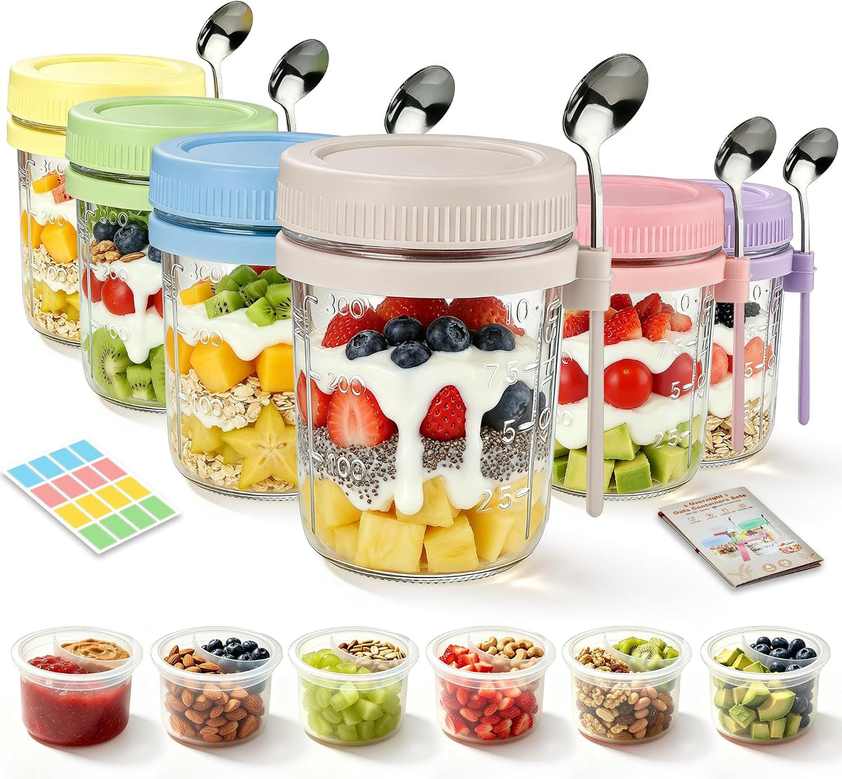 6Pcs Overnight Oats Containers with Lids and Spoons,16Oz Glass Meal Prep Jars with Measurement Marks, Leak-Proof Breakfast Food Storage for Yogurt, Cereal, Salad, Bpa-Free (6 Colors)