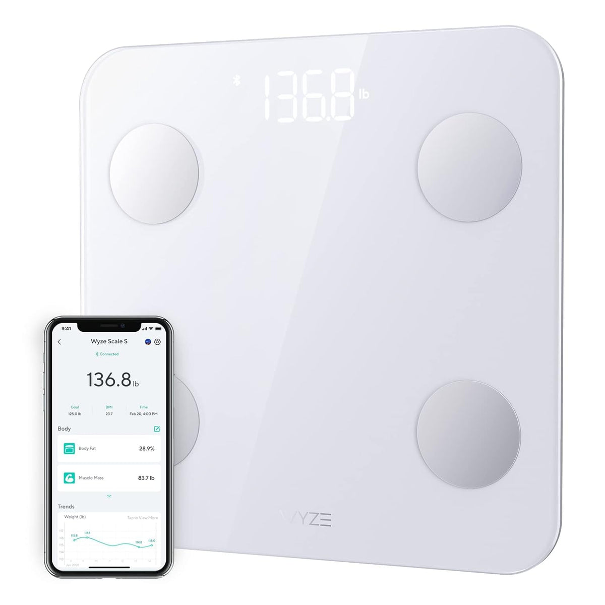 Wyze Scale S Smart Scale for Body Weight & Fat, Bluetooth, 400 Lb, White | Tracks 12 Metrics, Baby/Pet Mode, Sync with Fitness Apps, Heart Rate Tracking, Smart User Recognition, Unlimited Sharing