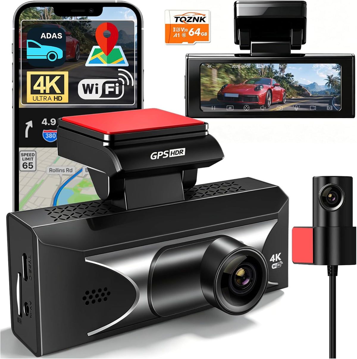 4K+4K Dash Cam Front and Rear, Starlight Night Vision, ADAS, 64G Card