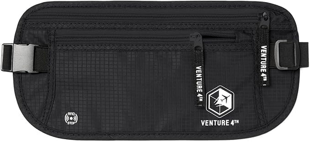 VENTURE 4TH Travel Money Belt, RFID Blocking Passport Holder - Pure Black