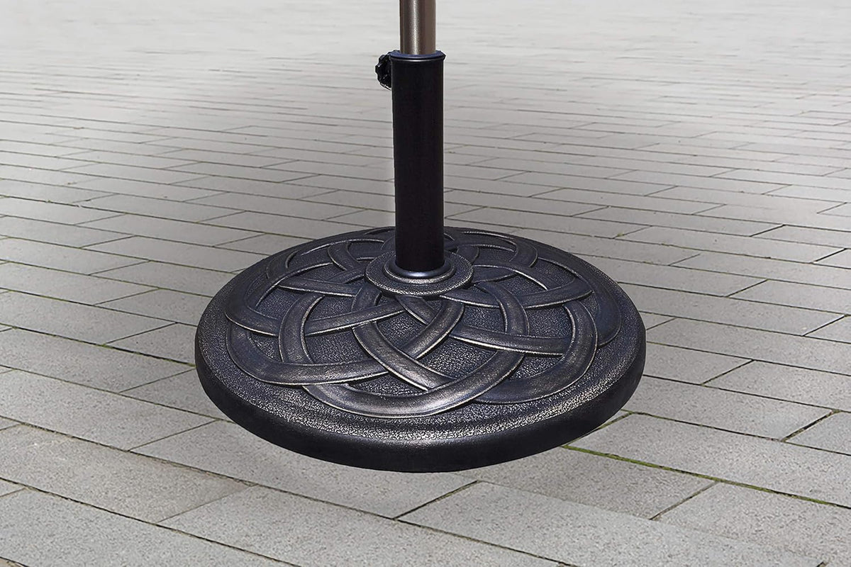Backyard Expressions round Heavy Duty Patio Umbrella Base – Weather Resistant Calcium Carbonate Resin with Bronze Weave Design – Fits 1.5" to 2" Poles, Easy Assembly, UV & Fade Resistant