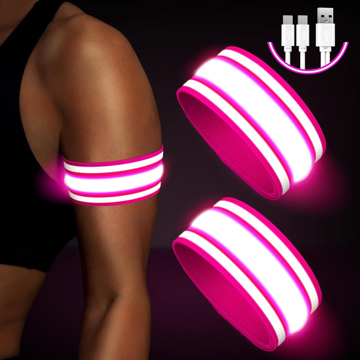 Fokia Kunbio Light up LED Armband for Running Walking at Night,Reflective Arm Bands for Runners,Rechargeable Jogging Lights,High Visibility Night Running Safety Gear Adjustable Running Women Men Kids