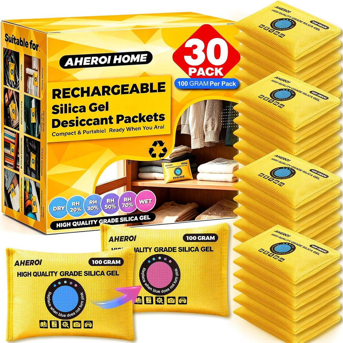 Aheroi Reusable Desiccant Packs 30Pack Rechargeable Silica Gel Packets