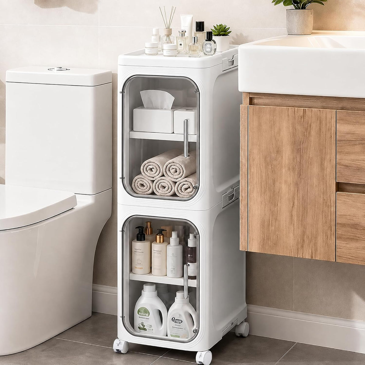 Narrow Slim Bathroom Storage Cabinet with Wheels, 2-Tier White