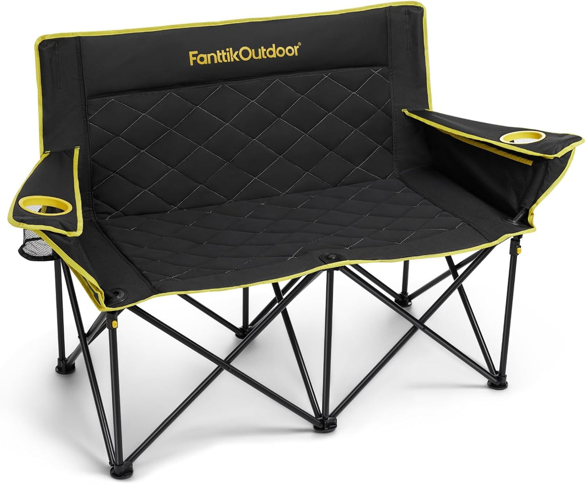 Fanttikoutdoor Zeta L11 Duo Pro Double Camping Chair, 2 Person Portable Folding Couch, up to 600 Lbs, High Strength Loveseat with Cup Holder & Carry Bag for Travel, Patio, Games, BBQ, Backyard, Black