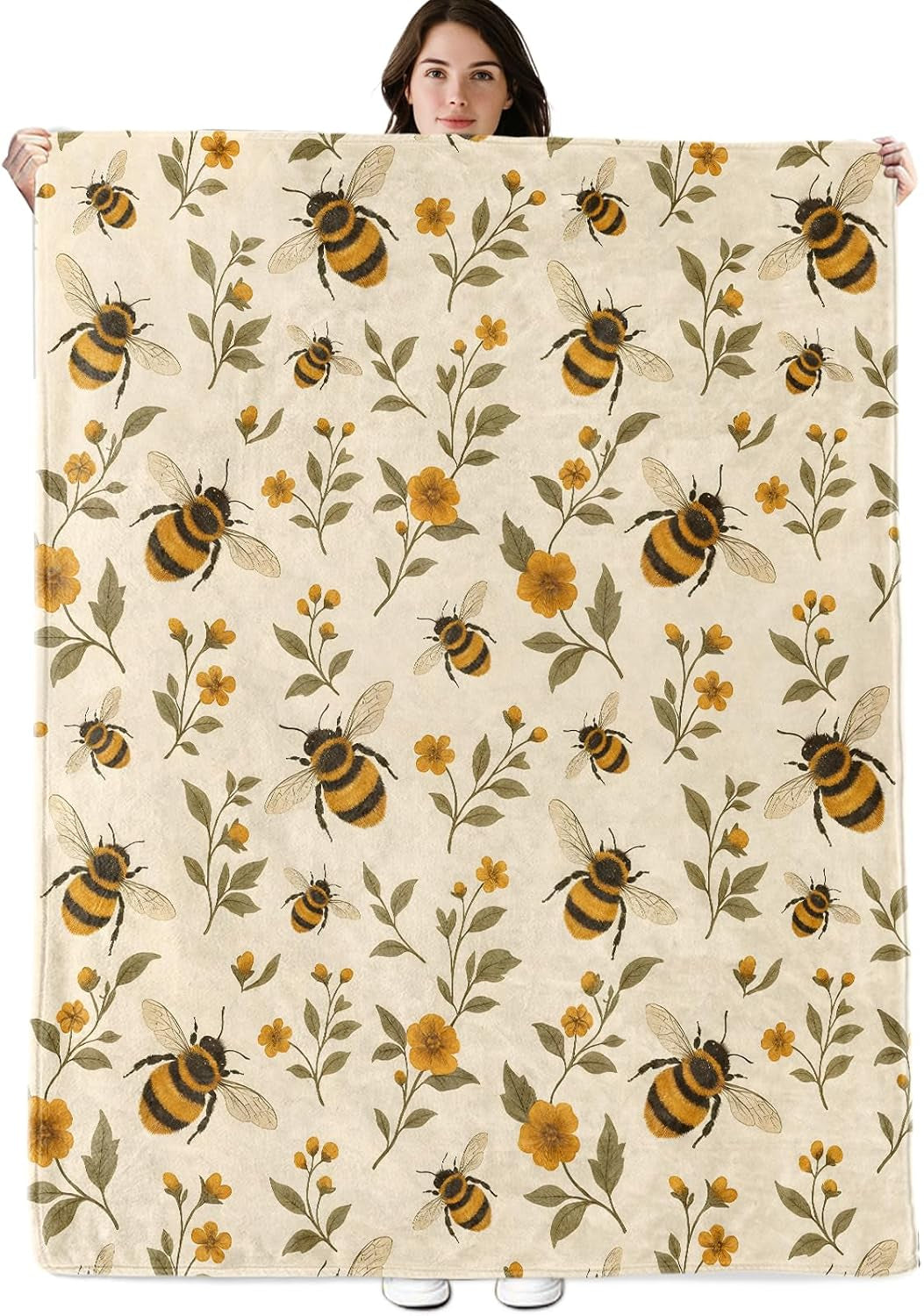Bee and Flower Blanket, 60"X50" Flannel Cozy Lightweight Throw Blankets Gifts for Couch Bed Living Room Decor, Soft Blanket for Women Kids