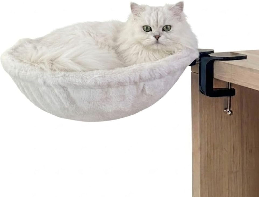 Cat Desk Hammock - Clamp on Cat Bed That Attaches to Desk, Elevated Shelf Perch with Steel Frame & Soft Faux Fur, Holds 50 Lbs, 15" X 15" Space Saving Desktop Pet Bed for Home Office