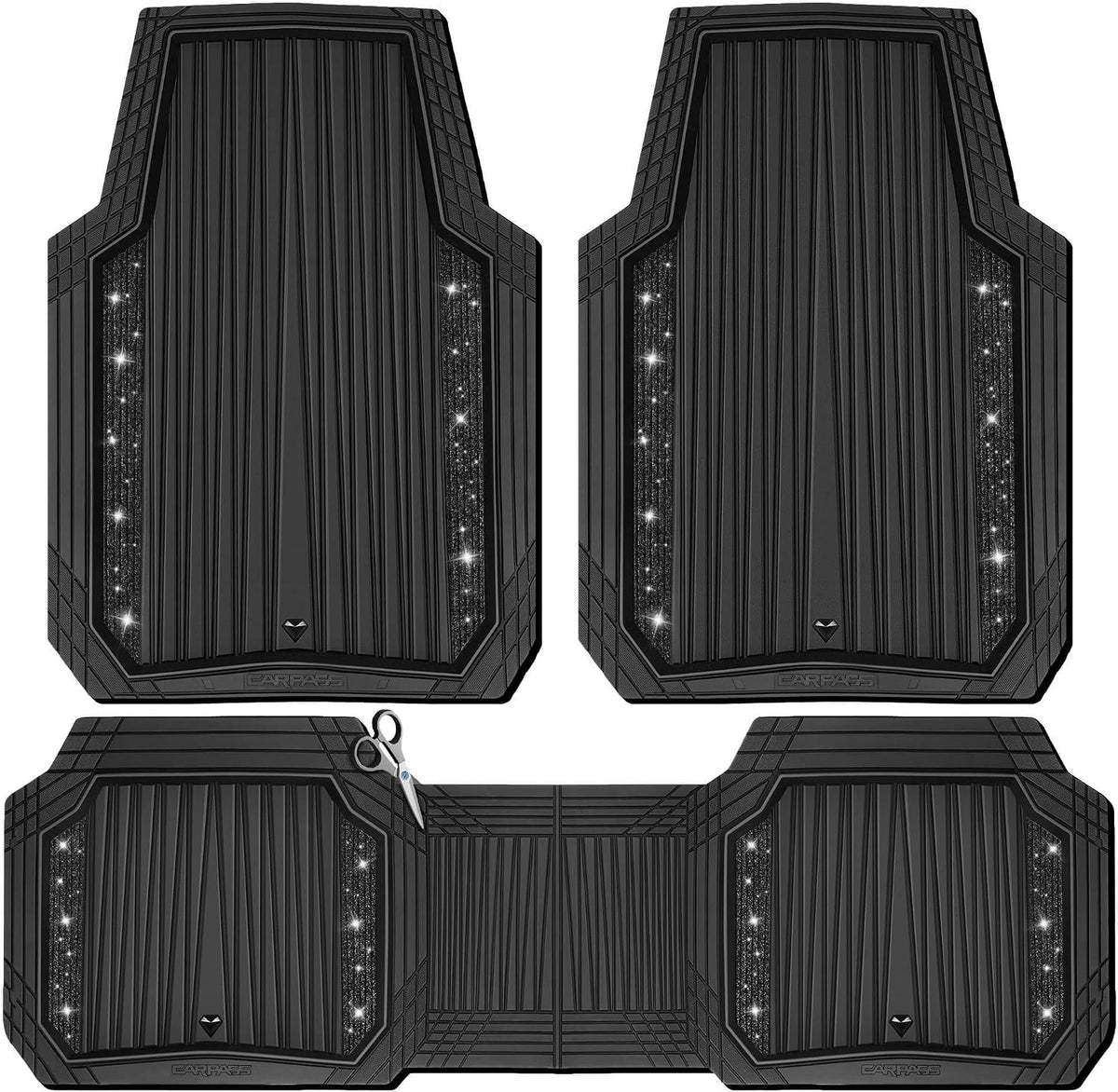 CAR PASS Bling Glitter Car Floor Mats Heavy Rubber Deep Water Proof, Black