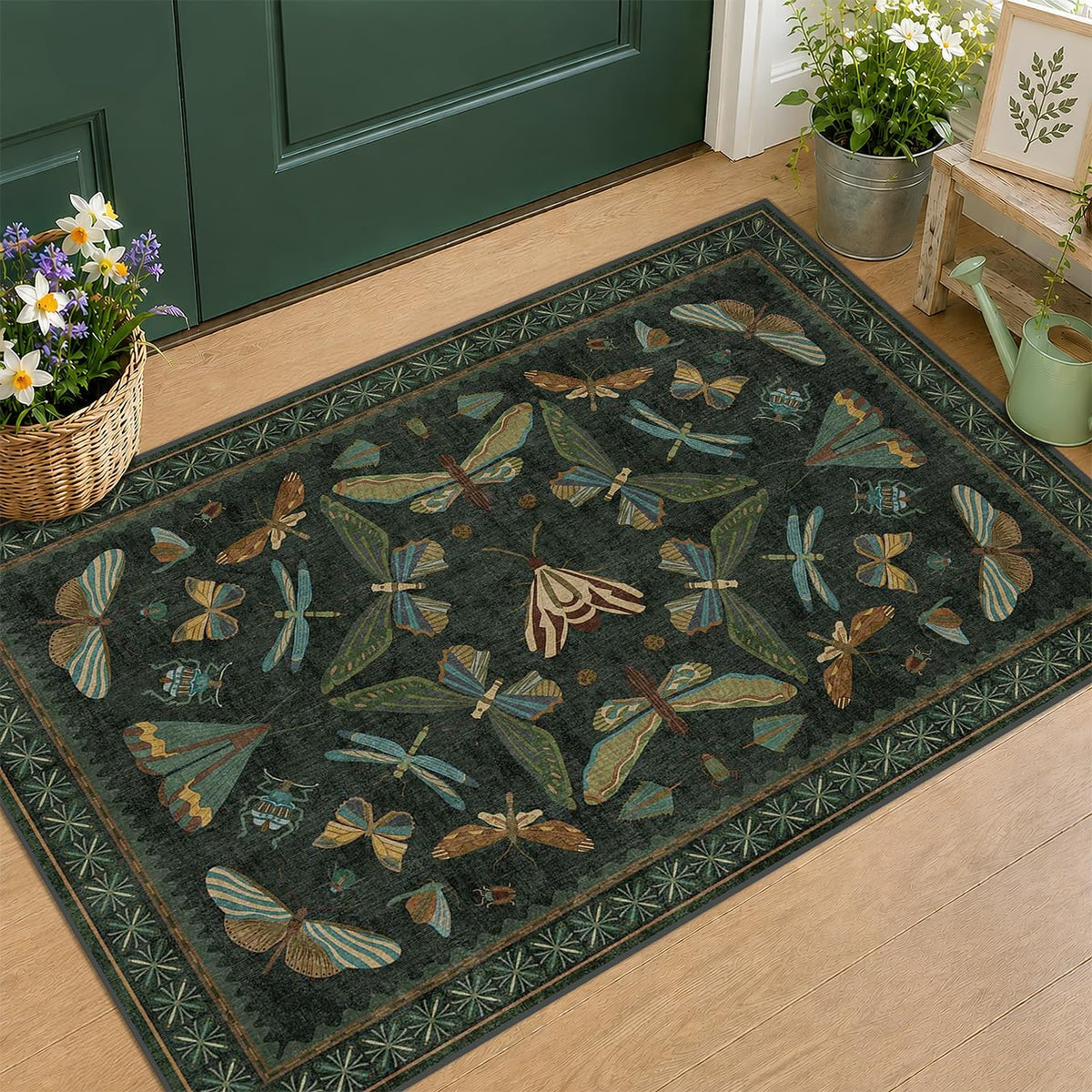 Hazo Haus 2X3 Entry Way Rugs Indoor - Dark Green Small Throw Rug for Kitchen, Bathroom, Insect Boho Design, Washable Non Slip Stain Resistant