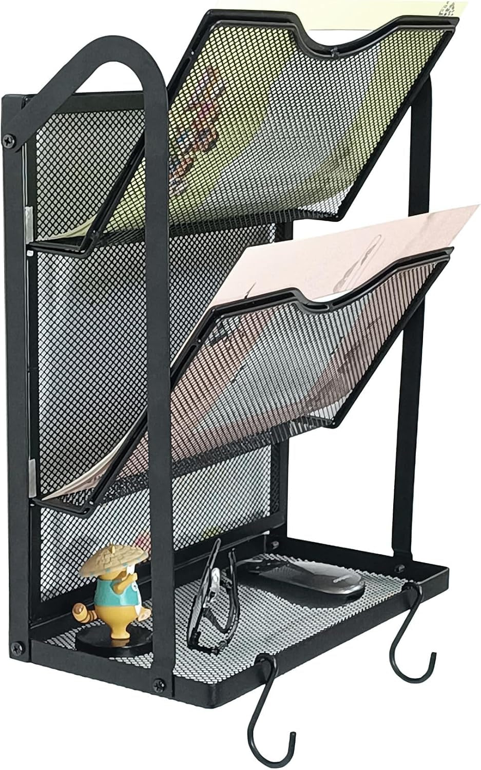 3-Tier Wall File Organizer for Office,Metal Folder Holder with 2 Hook,Black