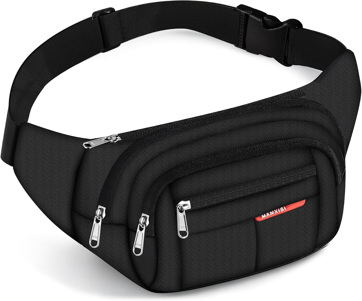 1000D Water-Resistant Fanny Pack 4 Zipper Crossbody Sling Bag for Hiking Belt Bag (Black)