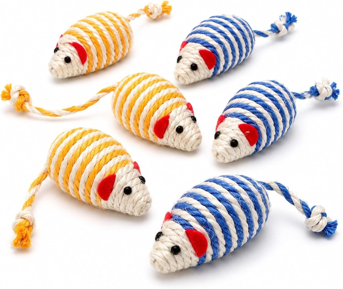 LOGOFUN 6PCS Catnip Mouse Plush Cat Toys Sisal Mice Set - Blue & Yellow