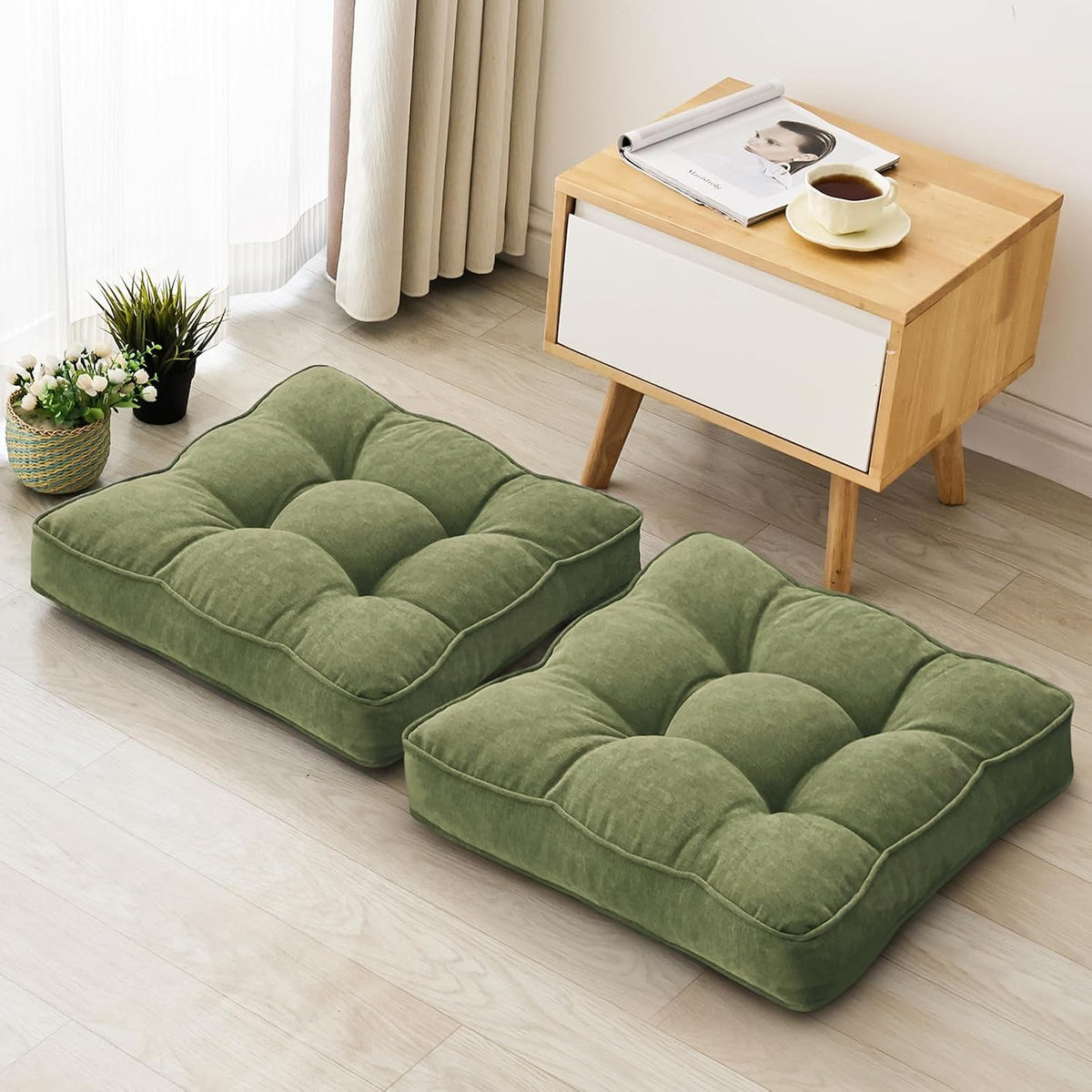 1 MIDDLE ONE Floor Pillow Set of 2, Memory Foam Floor Cushions for Adults, Large Meditation Pillow for Sitting, 22 X 22 Inches (Square | Green)