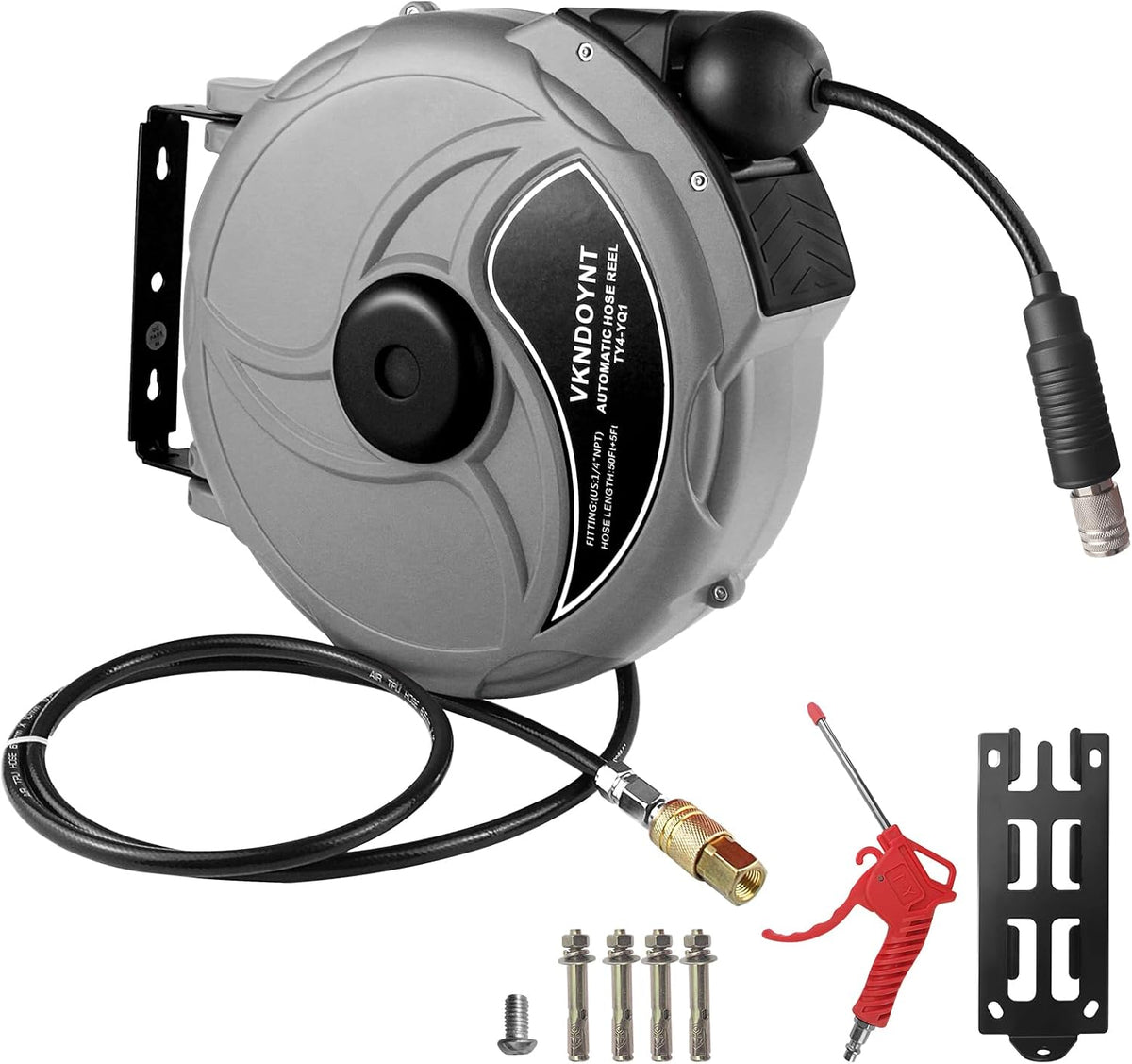 Retractable Air Hose Reel, 1/4 in X 50 FT Hybrid Polymer Hose, Air Compressor Hose Reel with 5 Ft Lead In, Ceiling/Wall Mount Enclosed Air Reel, 180° Swivel Mount, Gray/Black