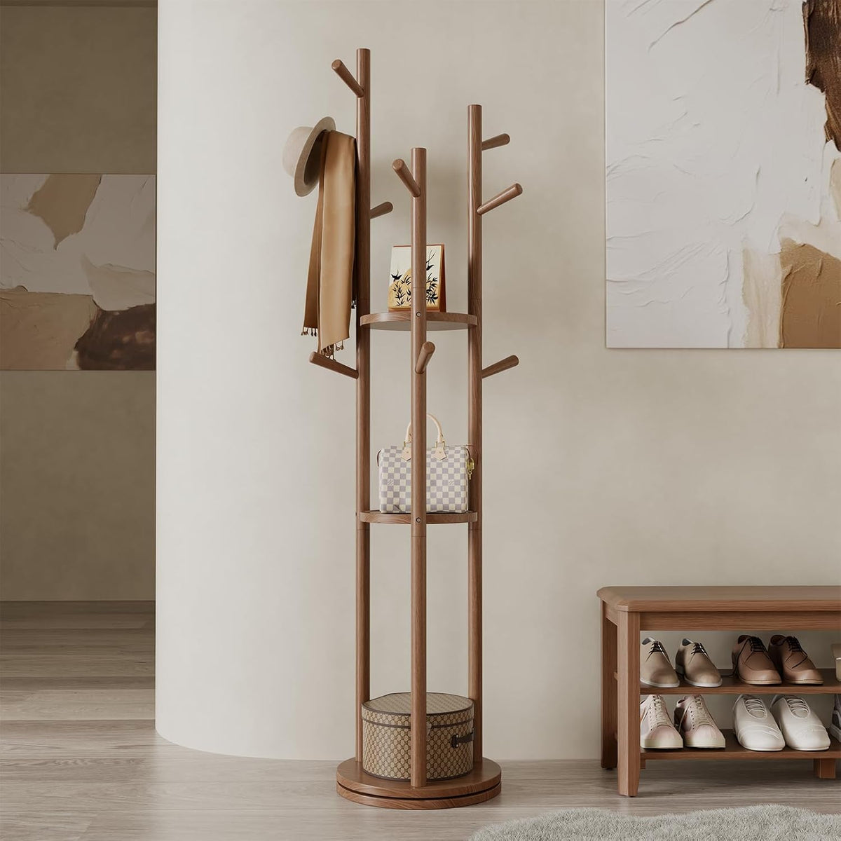 Muwuele Solid Wood Rotary Coat Rack, Freestanding Coat Rack with 3 Shelves and 9 Hooks, Coat Tree for Bedroom, Entryway, Livingroom, Coat Hanger Stand for Coats, Scarves, Handbags (Walnut)