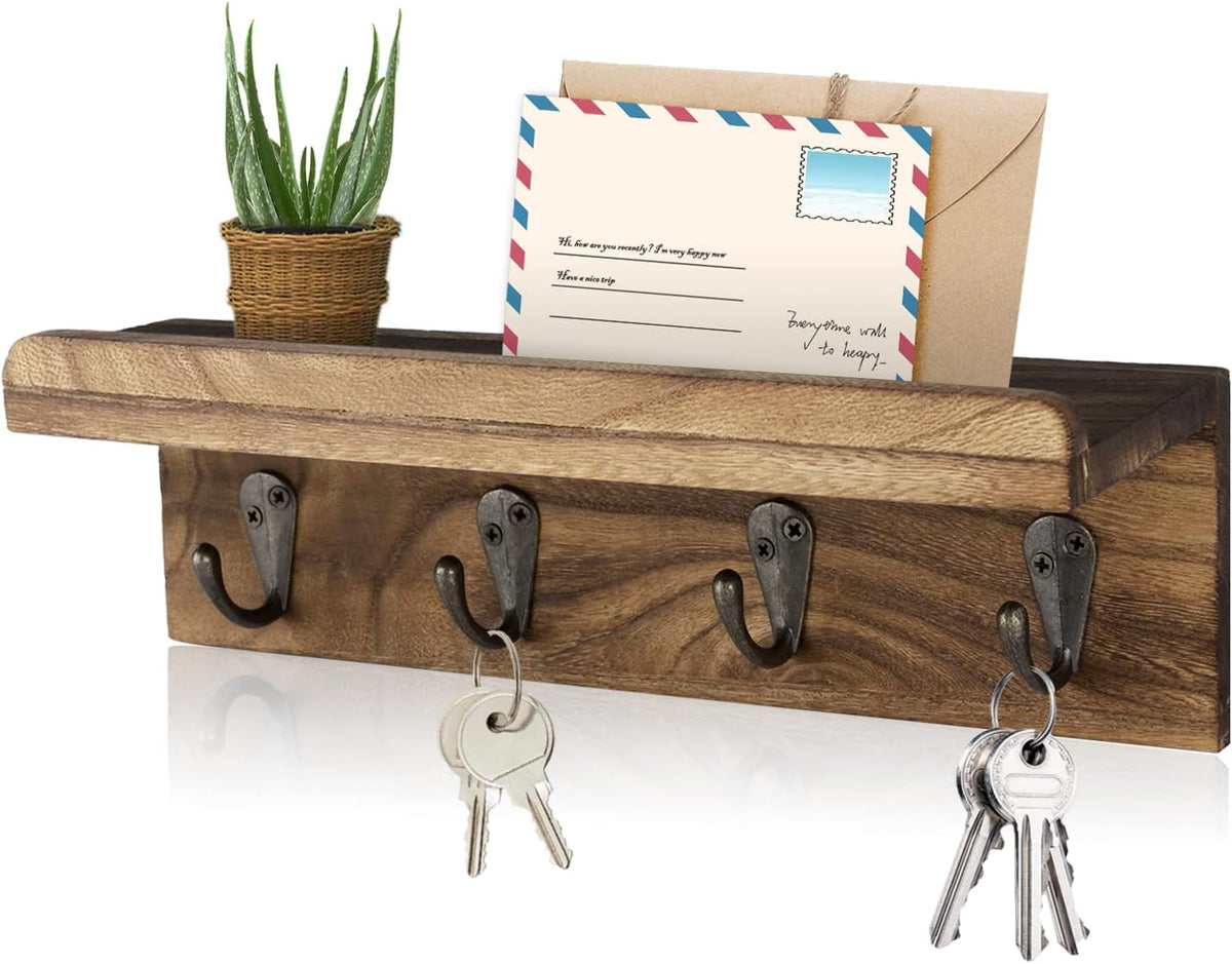 Key Holder Wall Mount, Farmhouse Wall Shelf with 4 Hooks for Entryway