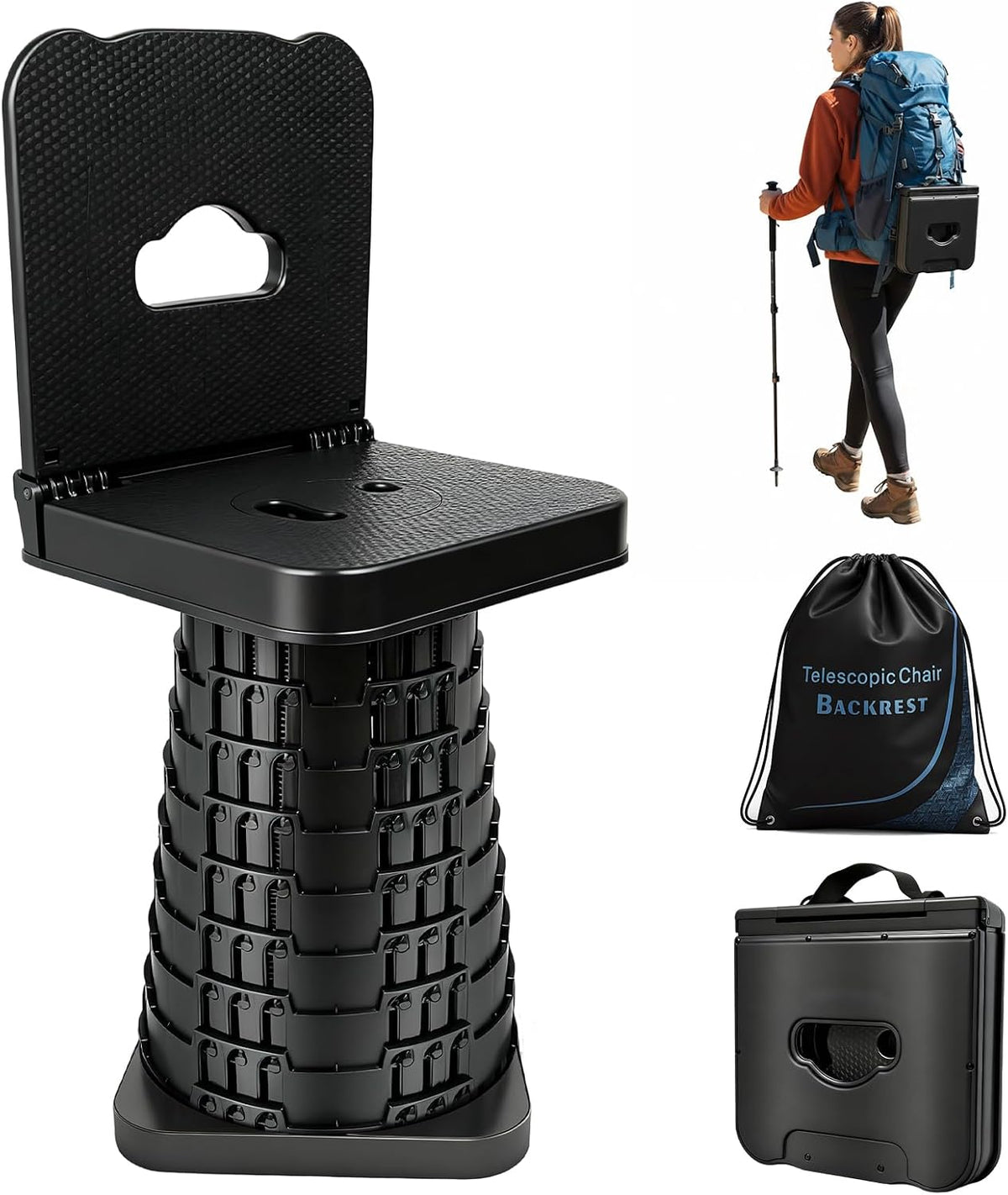 Upgraded Collapsible Stool with Backrest, Portable Telescopic Seat with Carry Bag, Square Folding Stool for Camping Gardening Fishing Hiking BBQ, Max Load Capacity 550Lbs