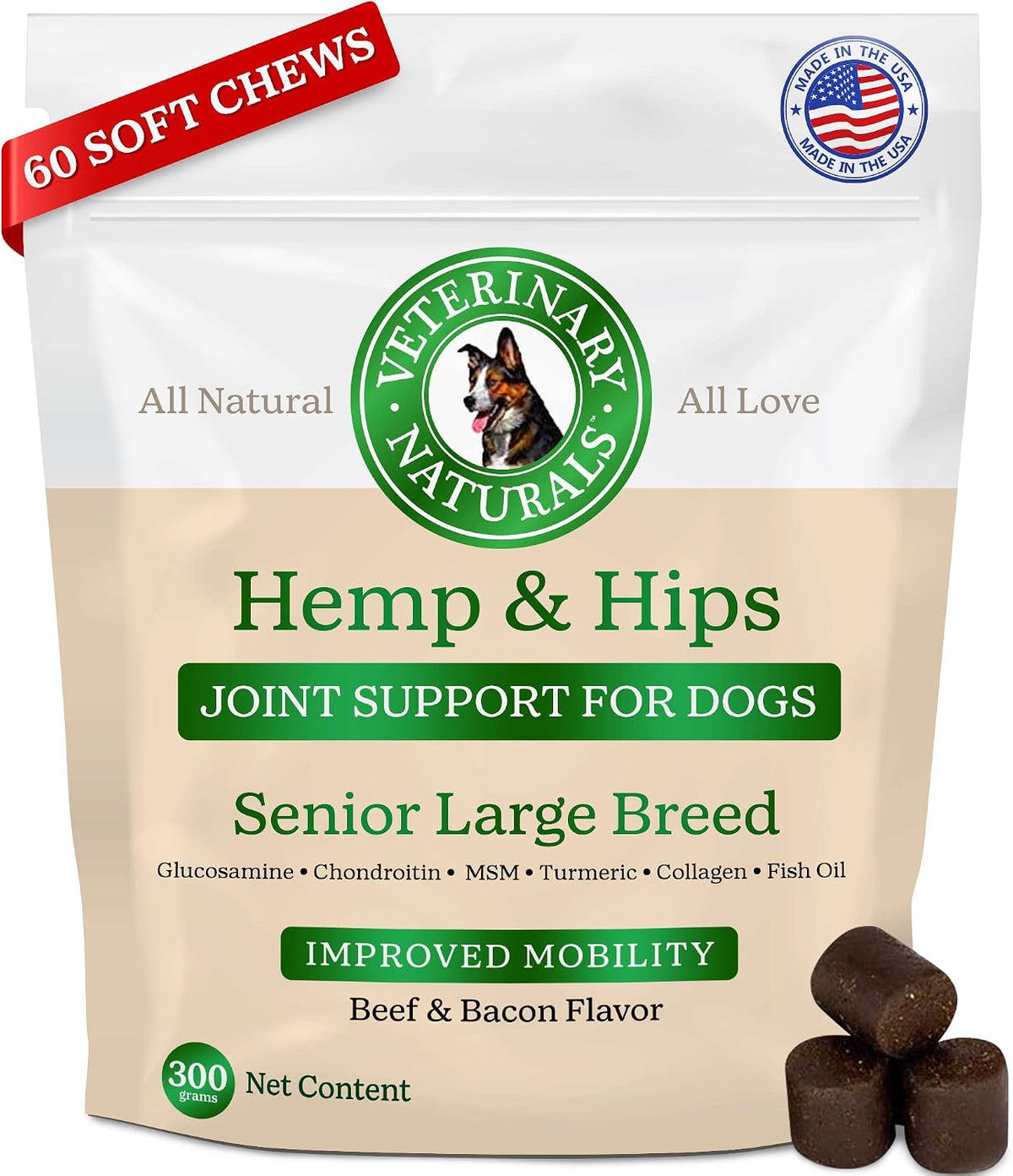 Veterinary Naturals Hemp & Hips Senior Large Breed Dog Joint Chews - 60Ct