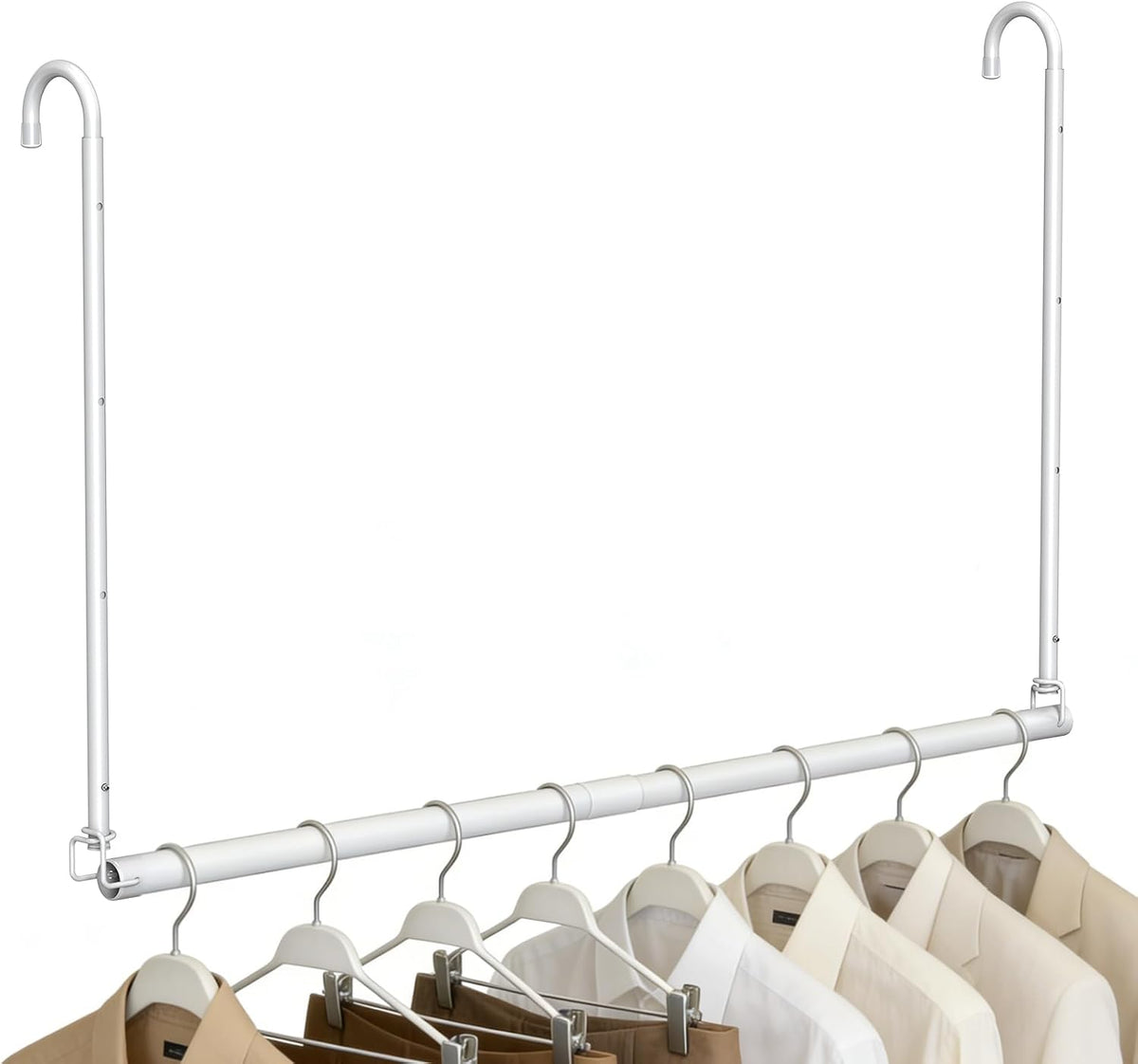 White Hanging Closet Rod, Adjustable Height & Width Closet Rods for Hanging Clothes-Closet Extender Hanging Rod Space-Maximizing Design Suitable for Hanging and Drying Clothes