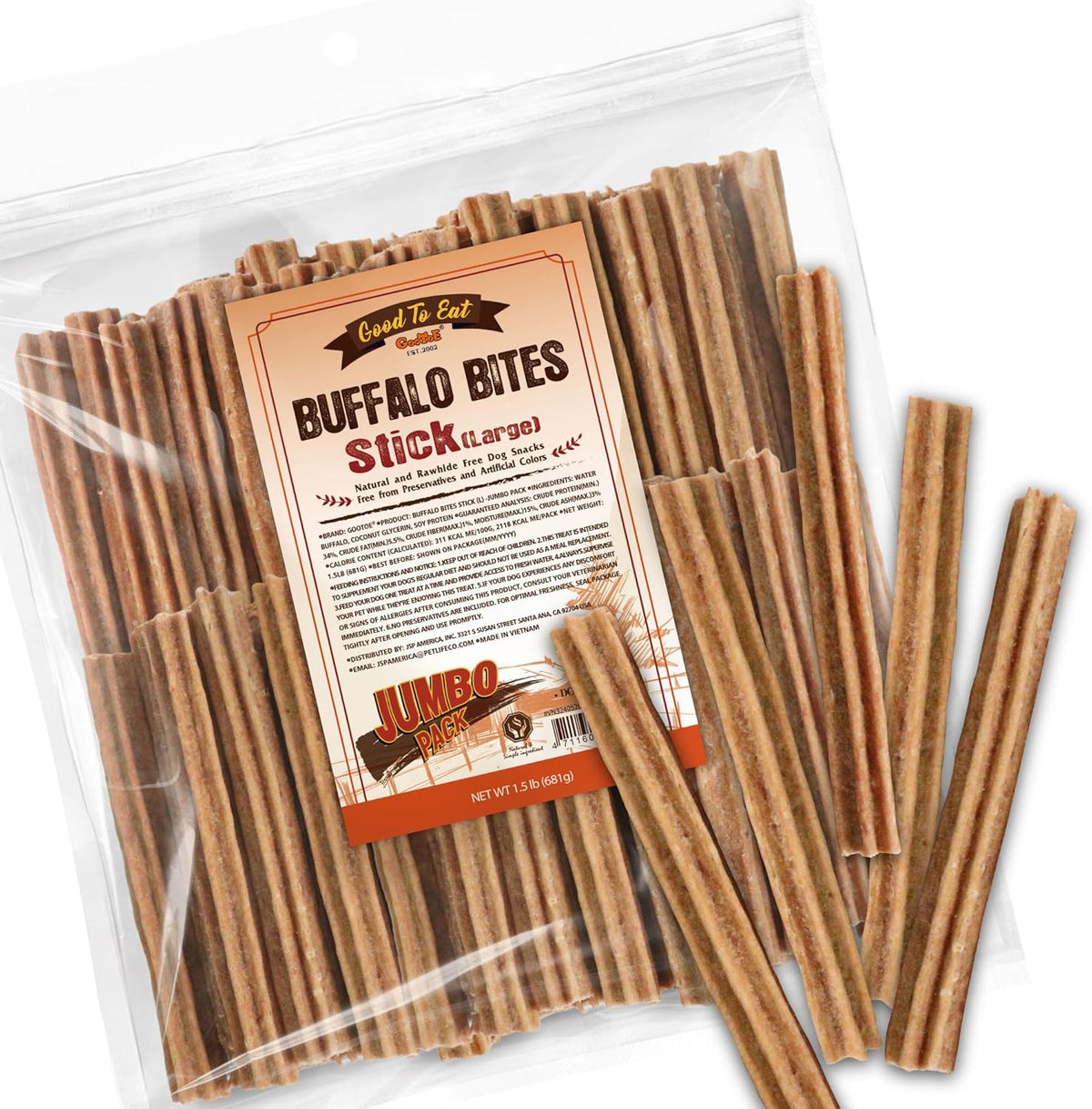 Gootoe Buffalo Bites Dog Treats, All-Natural Buffalo Stick (Large), 1.5 Lb