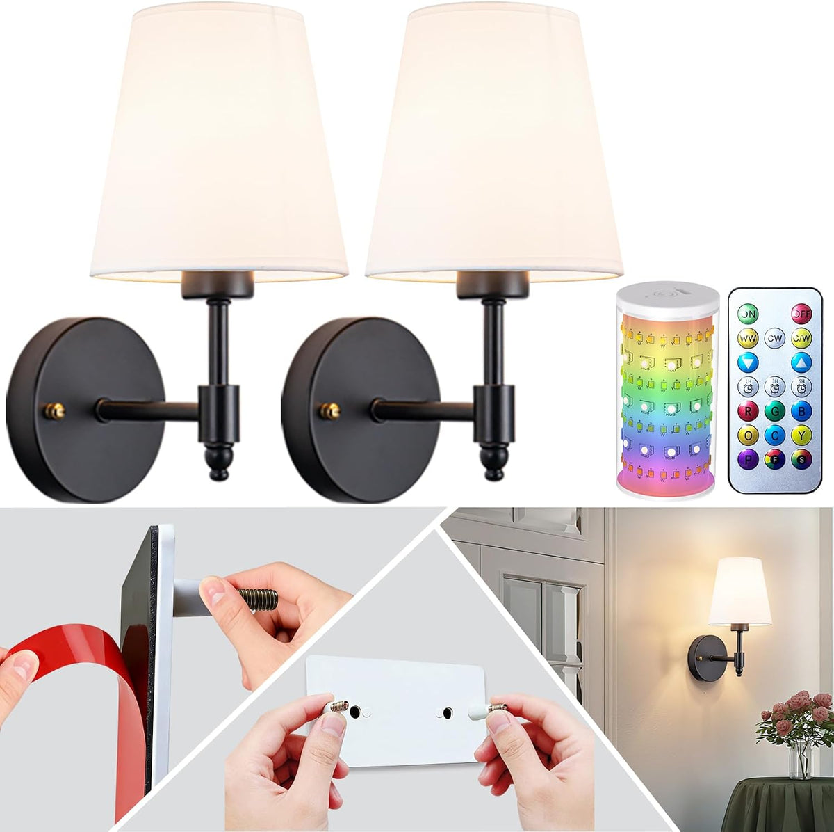 Peel and Stick Wall Sconces, Stick on Wall Sconce Set of 2, Battery Operated Wireless Adhesive Wall Lights, Corn Bulb with 10000Mah Battery, Easy Install for Bedroom Living Room Wall Decor