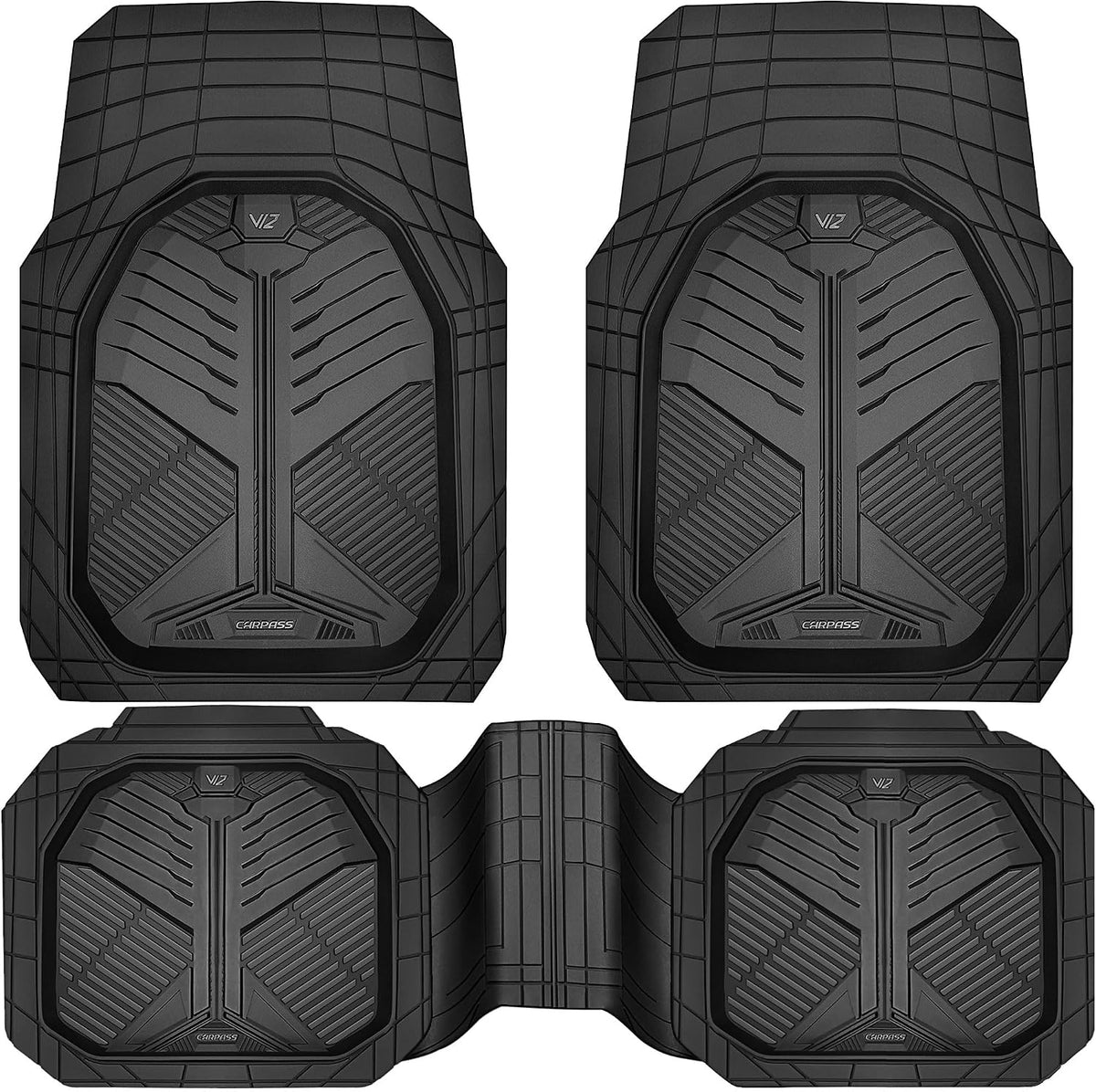 CAR PASS Heavy Duty Rubber Car Mats, Deep-Dish Odorless Car Floor Mats All Weather, Universal Trim-To-Fit for Suvs Trucks Sedans, Waterproof Anti-Slip, 3 Pieces V12 Black