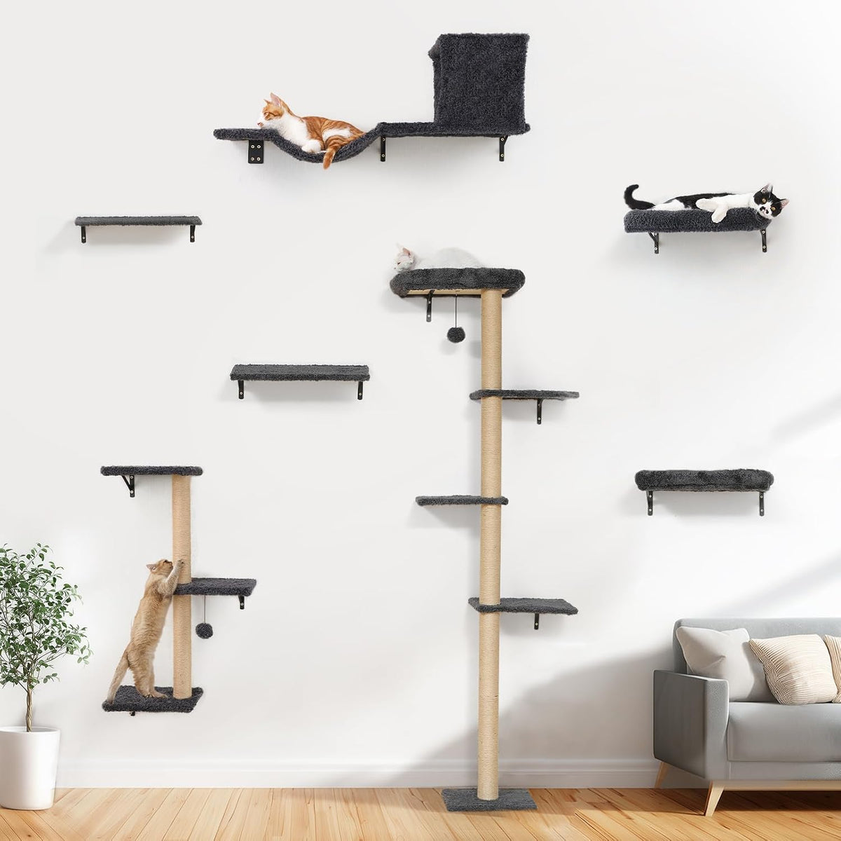 FUKUMARU Cat Wall Shelves, Stable & Safe 7 in 1 Cat Furniture Set, Wooden Climbing Wall with Scratching Post for 16 Inch Drywall - Gray