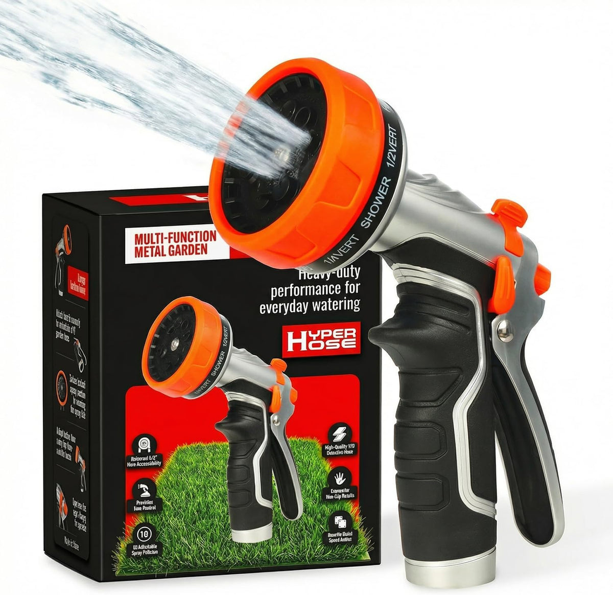 Heavy-Duty Metal Garden Hose Nozzle Sprayer- 316 Stainless Steel - High-Pressure 120 PSI - Multi-Function Spray with Ergonomic Handle - 10 Way