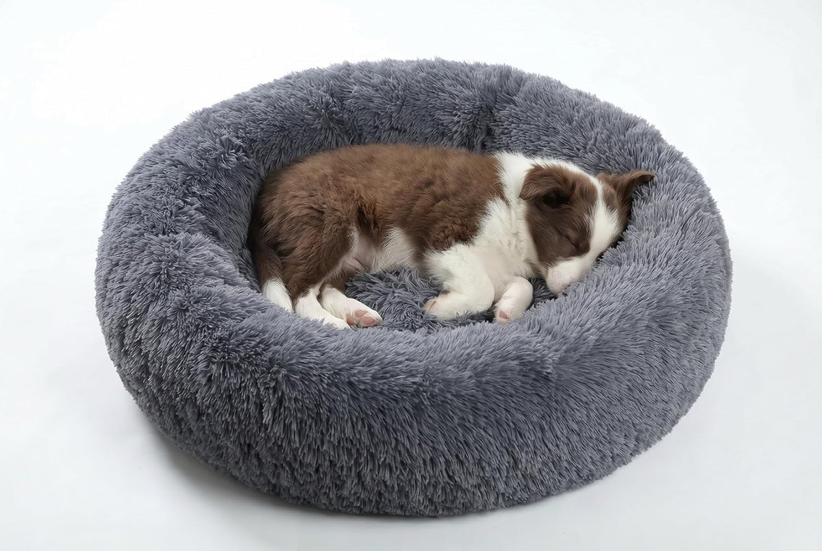 SAVFOX 23 Inches Calming Donut Dog Bed - 3X Durable Plush Faux Fur, Machine Washable & Non-Slip, Fits up to 25 Lbs, Dark Grey