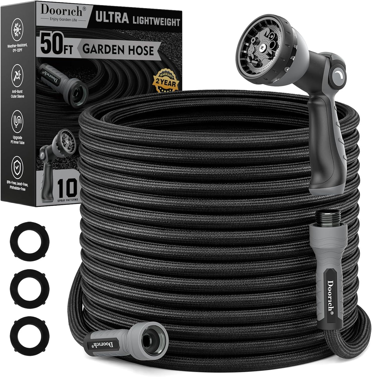 Garden Hose, 50FT Ultra Lightweight Water Hose with Spray Nozzle