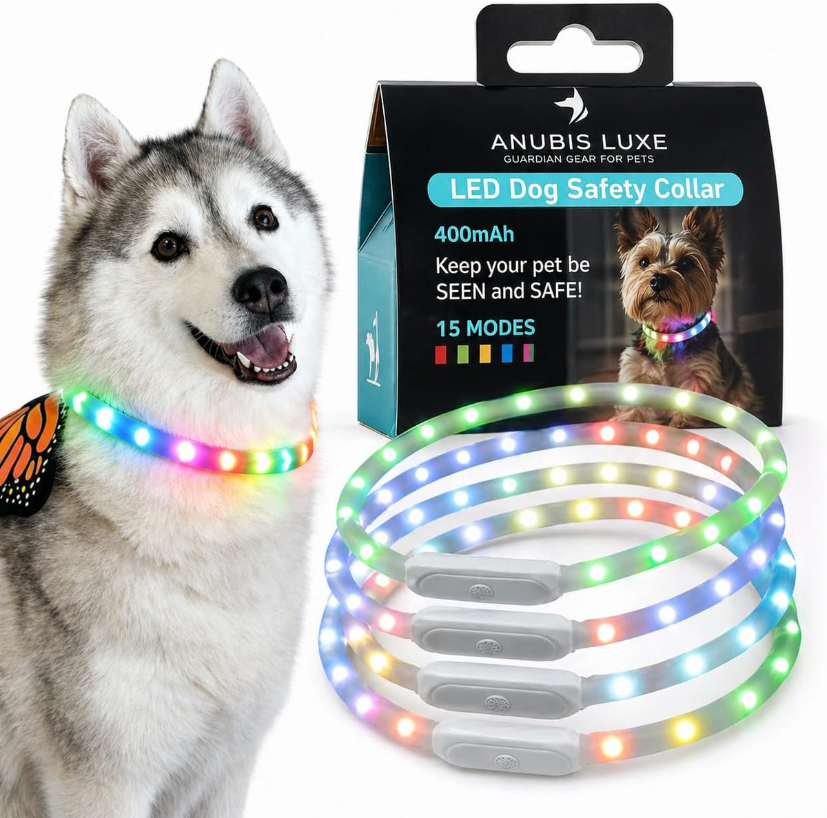Light up RGB Dog Pet Collar Multicolor Rainproof, LED USB C Rechargeable Glow in the Dark Collar for Night Walks, Soft Silicone Collar Cuttable for Small Medium Large Dogs 15 Color Modes