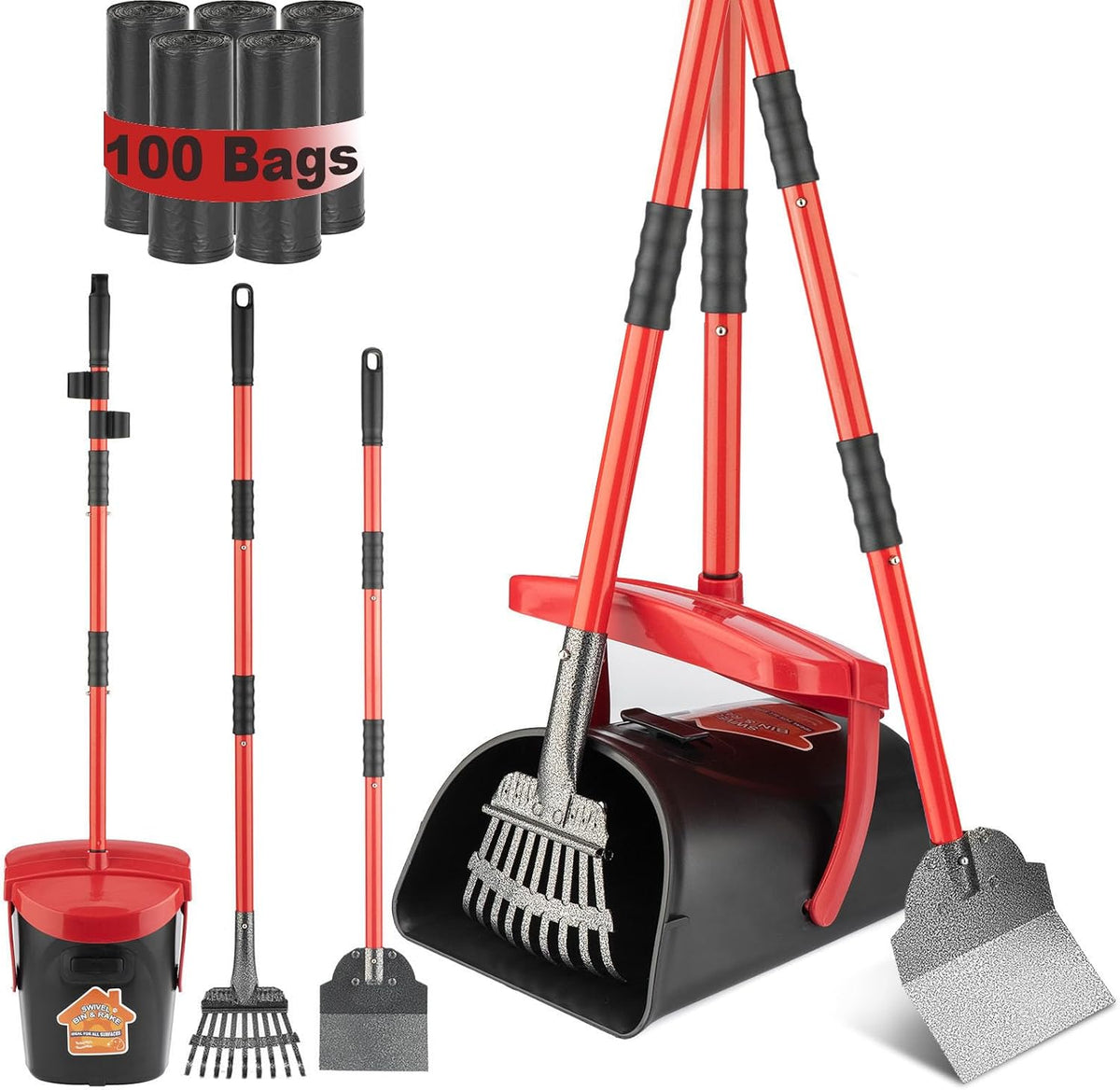 HUZSV Pooper Scooper with 40.16" Long Handle, No-Bending Swivel Waste Bin