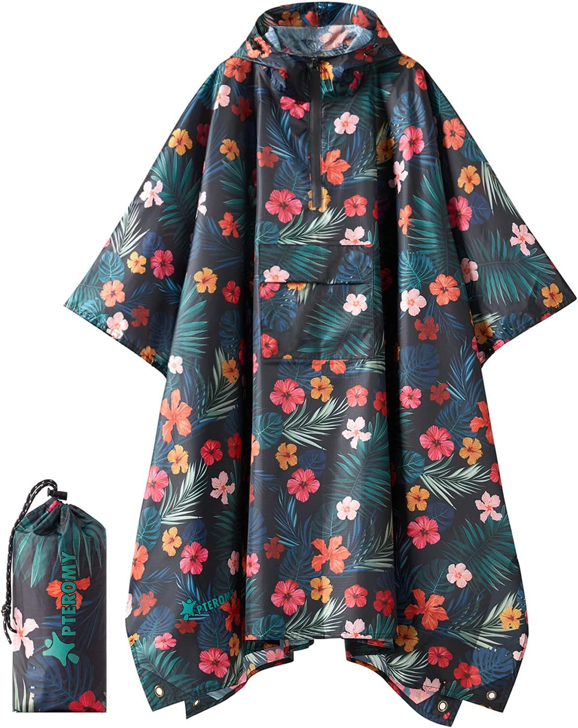 PTEROMY Hooded Rain Poncho for Adults, Reusable Waterproof Raincoat