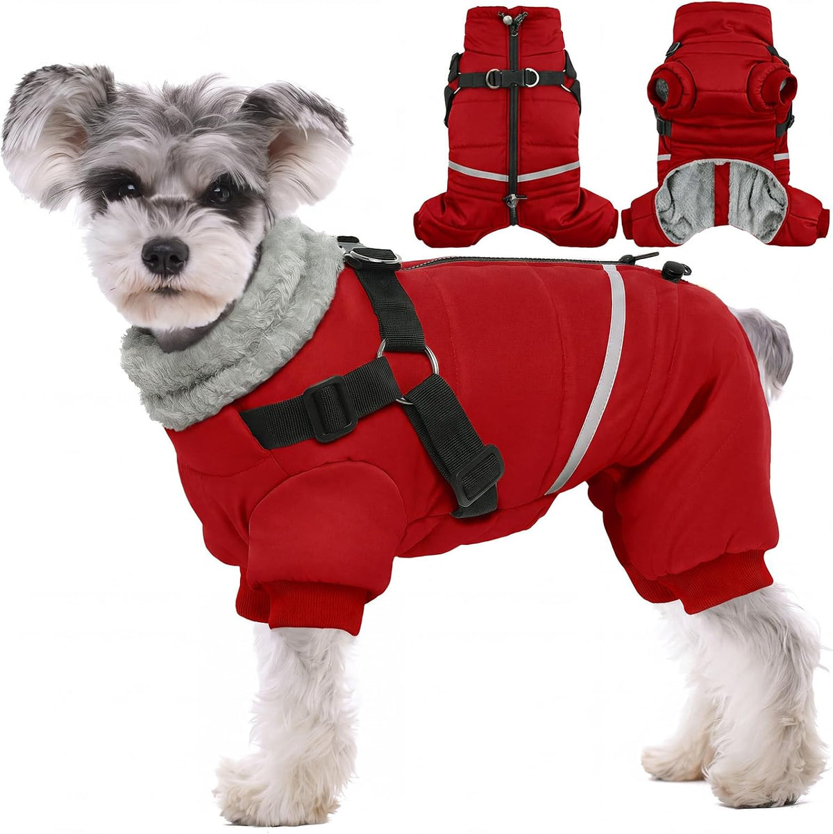 BRKURLEG Small Dog Coat with Harness, Full Body Dog Winter Jacket, Red, S