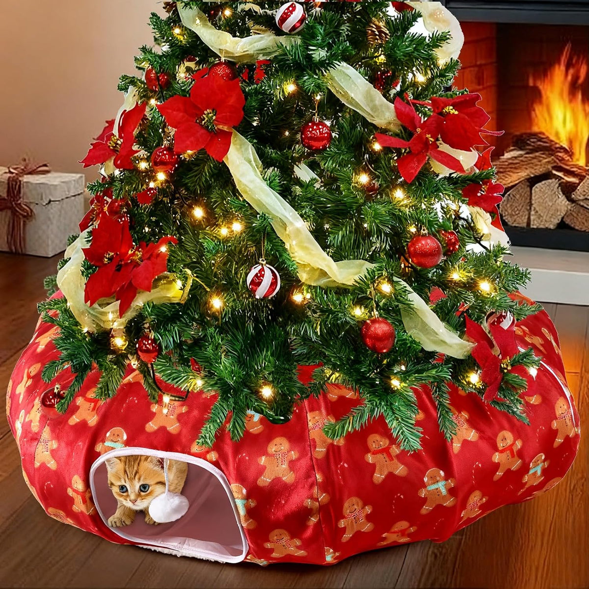 2 in 1 Cat Tunnel & Bed Christmas Tree Skirt, Donut Bed for Indoor