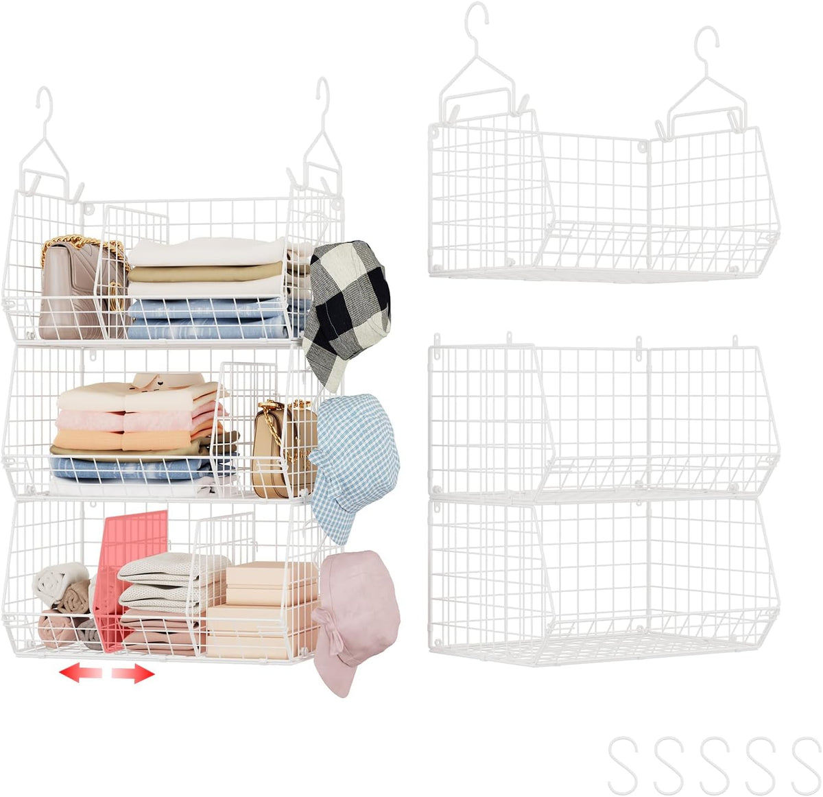 3 Tier Extra Large Closet Hanging Shelves with Divider, 16.5"L X 11.8"W X 33.6"H Closets Organizers and Storage with 5 S Hooks, Clothes Organizer for Sweaters Shoes Handbags Clutches Accessories-White