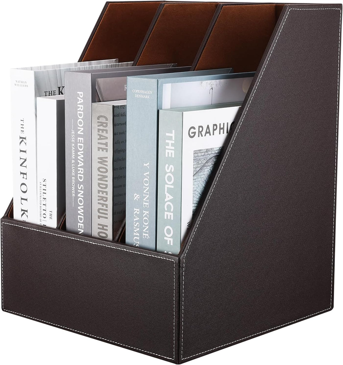 Desktop Wooden Leatherette Magazine File Holder-Organizer-3 Compartment Stand Rack-Papers Storage Box (Brown)
