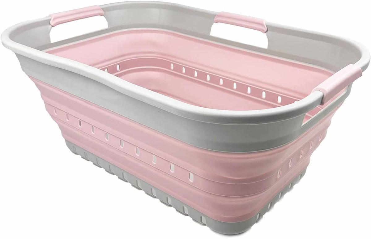 SAMMART 21L (5.5 Gallon) Super Mini Collapsible 3 Handled Plastic Basket - Foldable Pop up Storage Container/Organizer - Space Saving Hamper/Basket (Grey/Pale Pink)