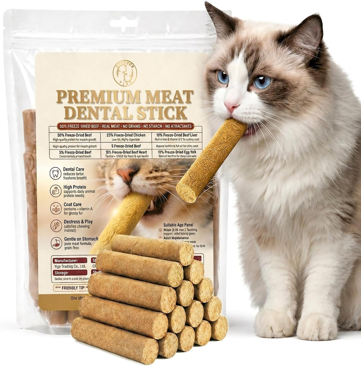 15Pcs Freeze Dried Cat Chew Sticks Kitten Beef Treats for Teeth