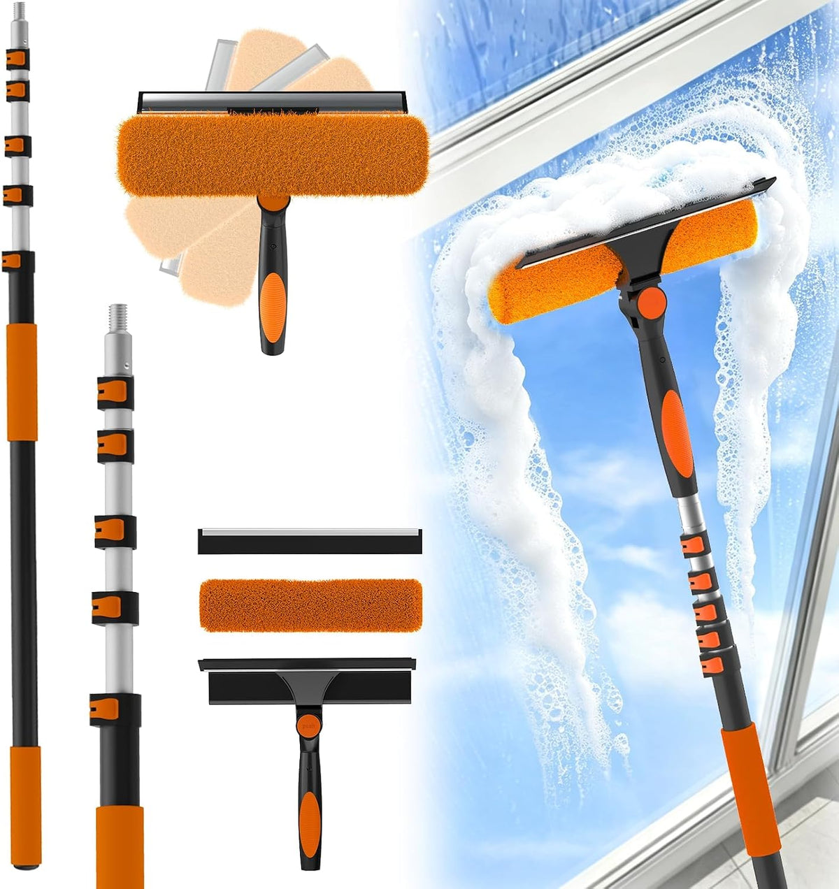 25FT Reach Window Squeegee Kit with Extension Pole, 2-In-1 Professional Washer for High Windows, 5-20FT Adjustable Reach, Rotatable Head for Indoor & Outdoor Use, Streak-Free Cleaning Tool for Home