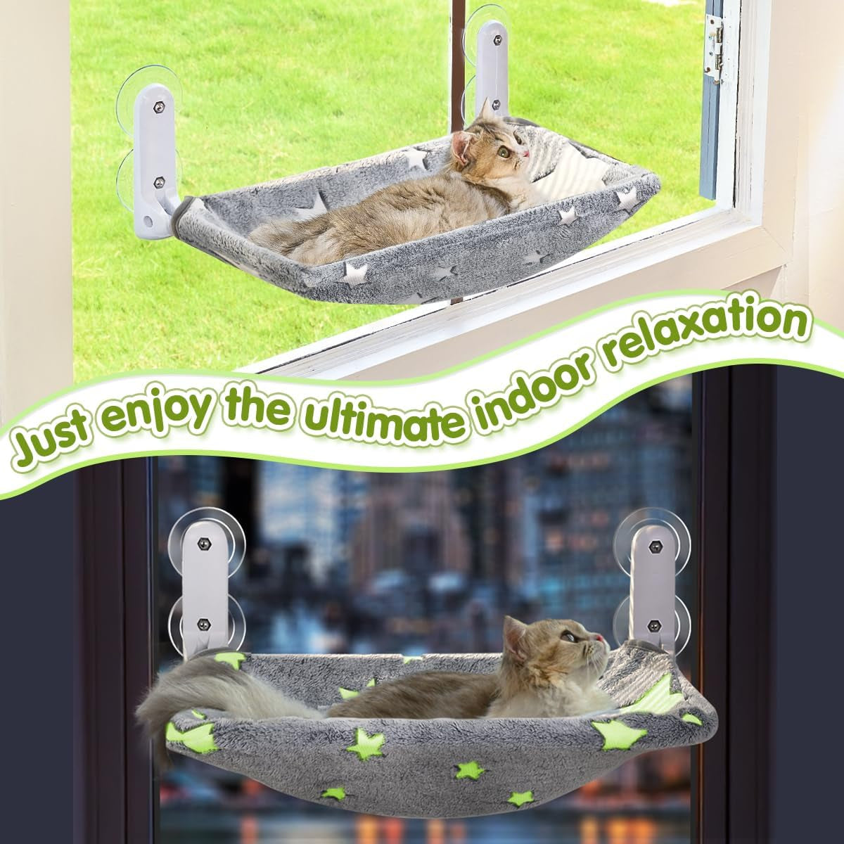Zoratoo Cat Window Perch, Glow in the Dark Cordless Foldable Pet Hammock Bed for Window with Sturdy Metal Frame, Glowing Stars Pattern Resting Seat for Indoor Cats (Stars - M)