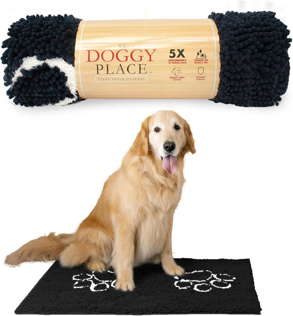 Microfiber Dog Mat for Muddy Paws, 36" X 26" Black with Paw Print - Absorbent and Quick-Drying Dog Paw Cleaning Mat, Washer and Dryer Safe - Non-Slip Rubber Backed Pet Mat, Large