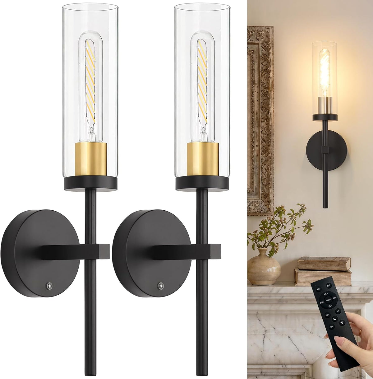 Shenmoyl Set of 2 Wall Sconces, 5200 Mah Battery Operated Wall Sconce with 3 Colors & Remote Control, Black Gold Rechargeable Wall Lamp with Clear Glass Shade for Bedroom, Bathroom, Stairwell, Hallway