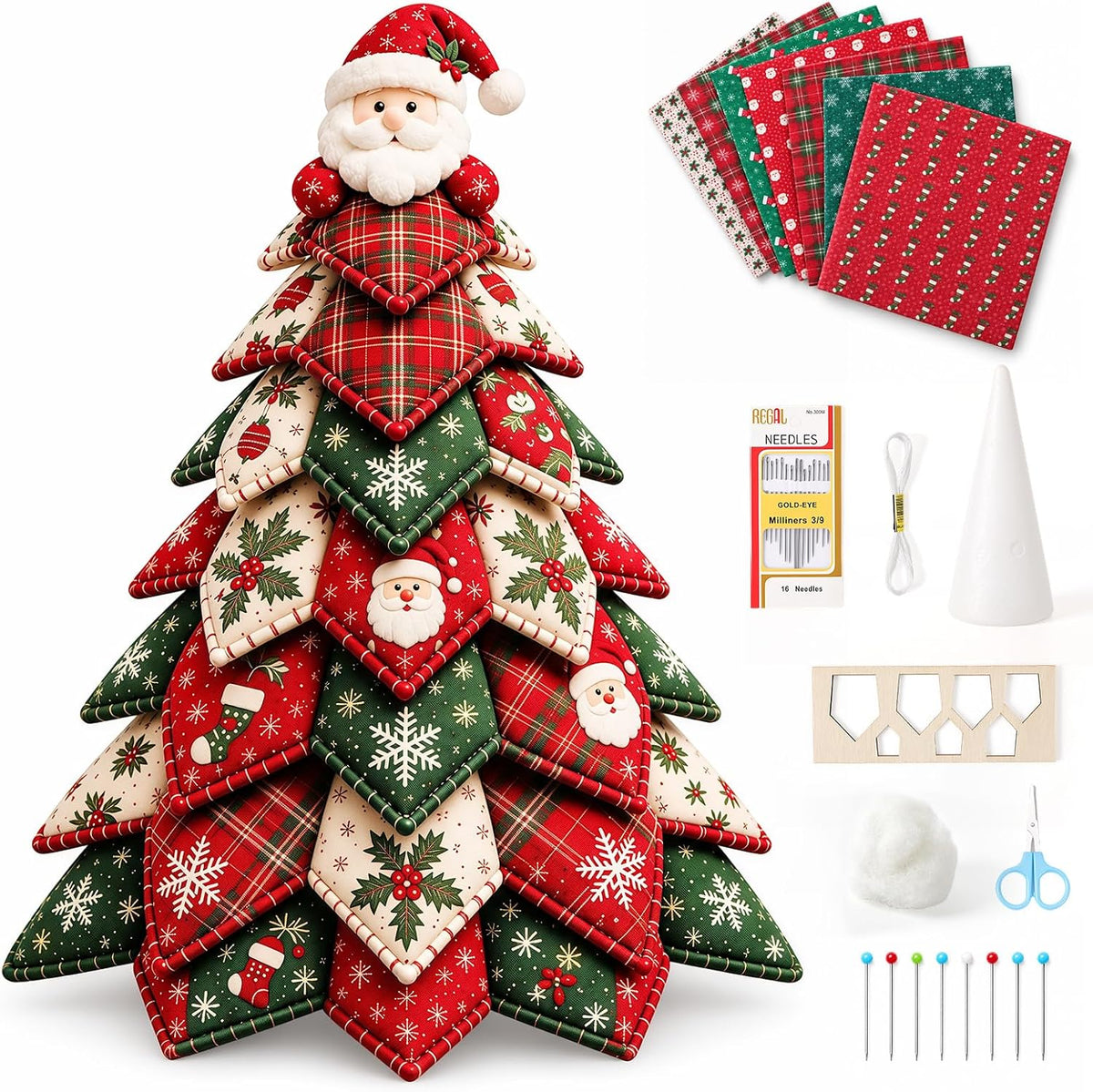 2026 New Christmas & Halloween DIY Quilted Fabric Tree Kit, 3D Fabric Patchwork Craft Set for Beginners, Ideal for Home Mantel Table Office Display, Handmade Tabletop Holiday Decor,Santa Claus