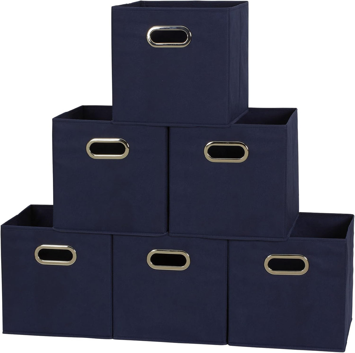 Household Essentials Fabric Storage Bins 6 Piece Set, Strong Poly-Woven Fabric, Sturdy Chipboard Sides, Grommet Front Handle, Stackable and Foldable, Classic Design, Navy