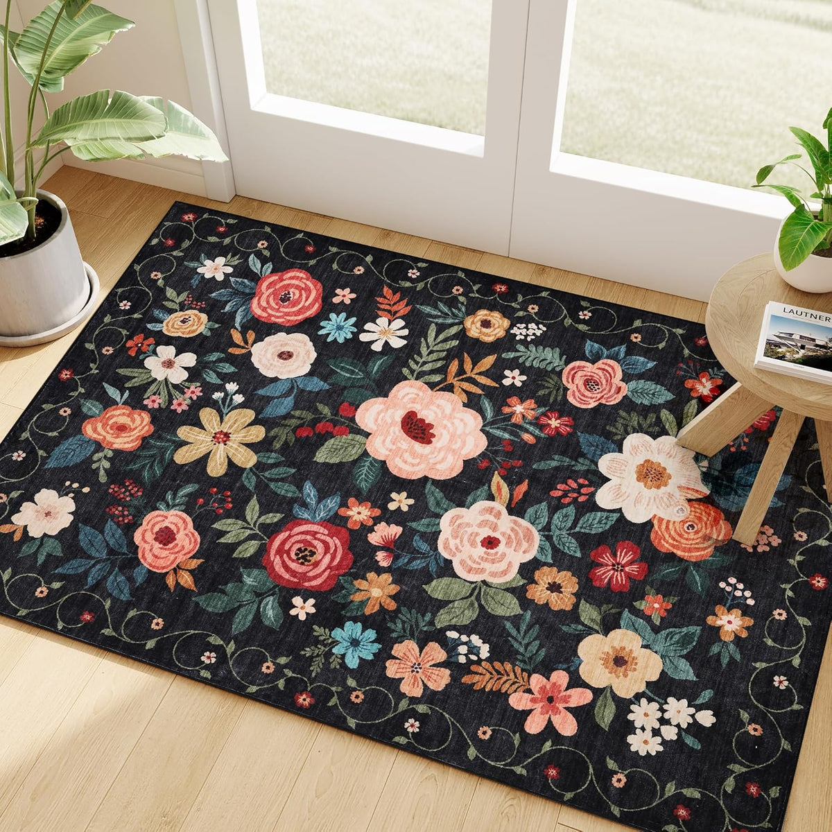 DUKINO 2X3 Door Mat Indoor Entrance, Floral Washable Rug Non Slip, Black