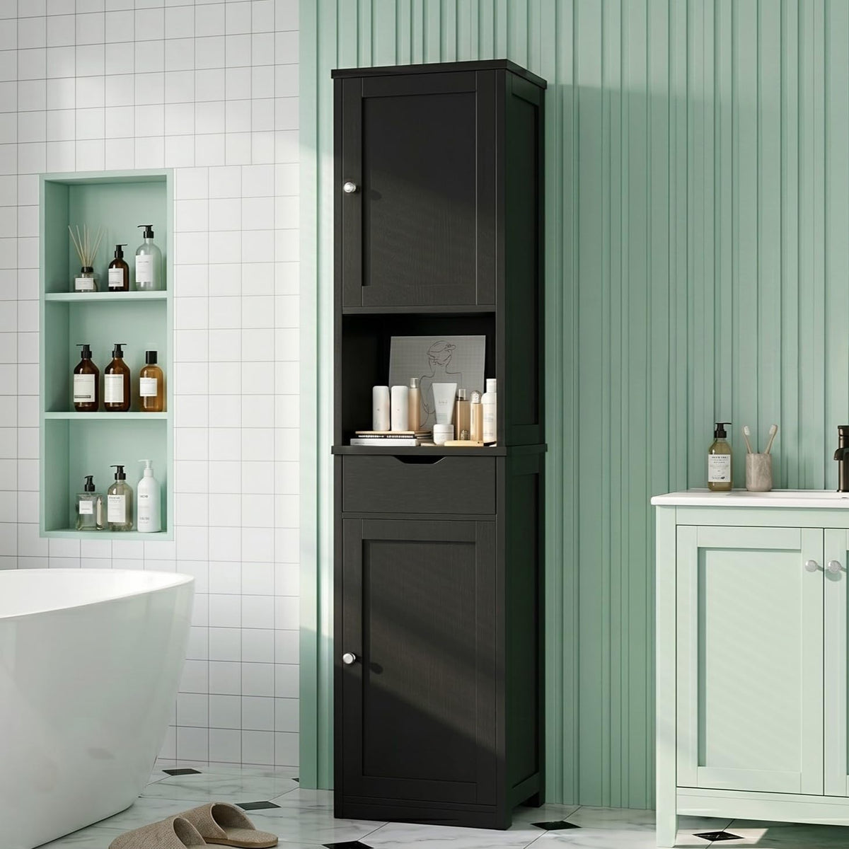 Vongrasig 64”Tall Narrow Bathroom Storage Cabinet with 2 Doors, Black