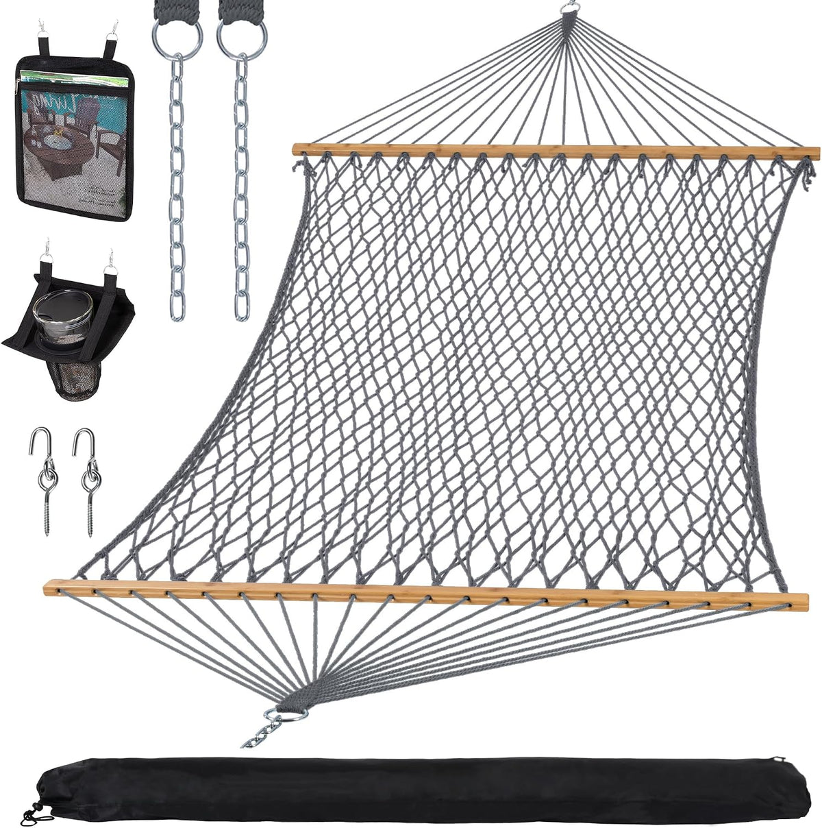 SUNCREAT Polyester Rope Hammock with Strong Spreader Bar, Gray