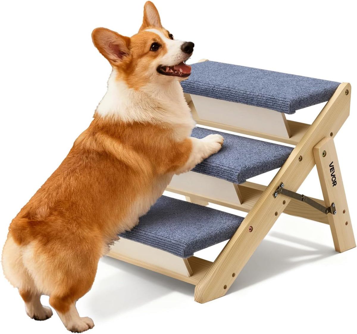VEVOR Wood Pet Stairs, 3-Step Dog Stairs for Beds, Sofa & Cars, 150Lbs Load Capacity, Floded Flat Design, Stable & Sturdy Cat & Dog Step Ladder for Small Medium Large Older Pet Puppy Essentials