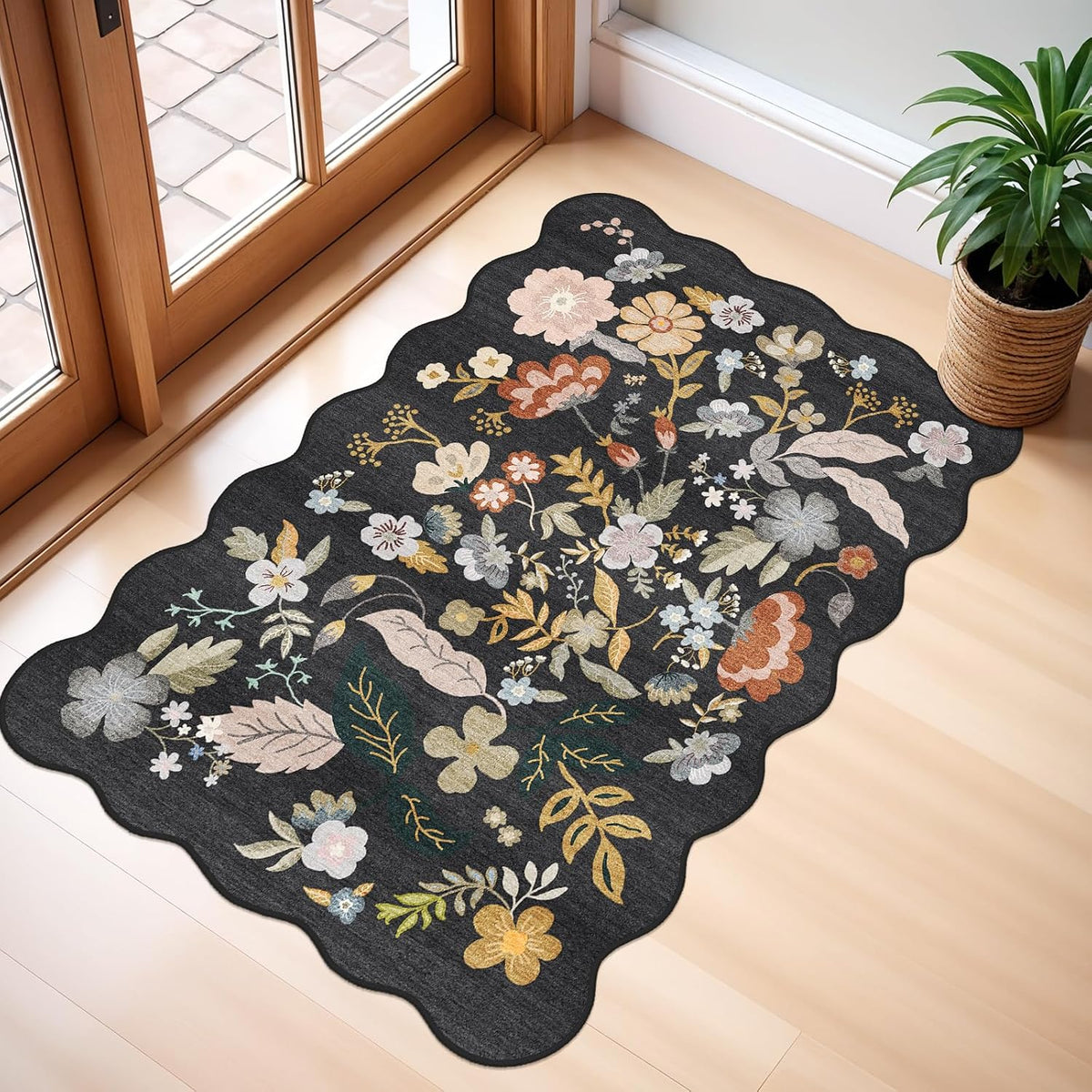2X3 Rug Scalloped Runner for Entryway: Washable Soft Floral Area Rug Black